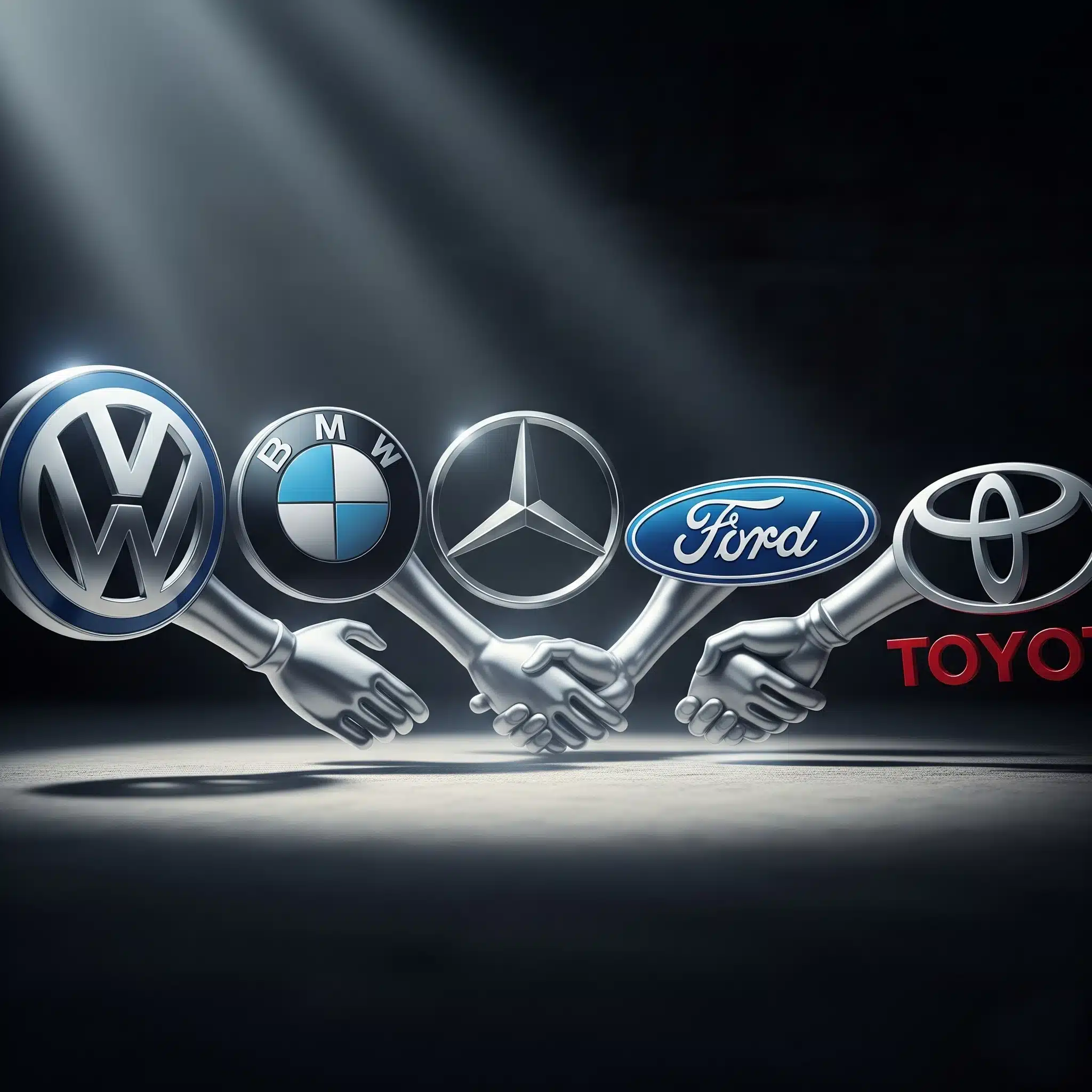 Logos de fabricantes de coches dándose la mano, representando el pacto por el que se puede reclamar al cártel de coches.