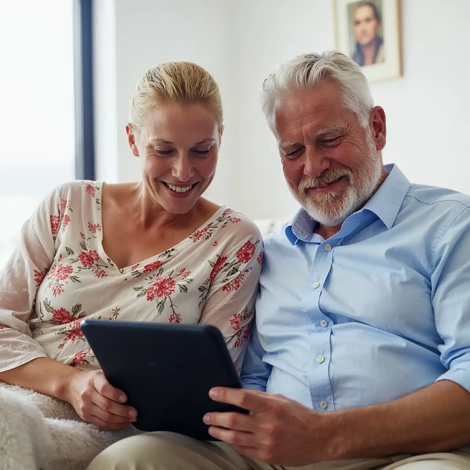 Pareja de jubilados felices tras calcular el complemento por brecha de género y ver el aumento en su pensión.