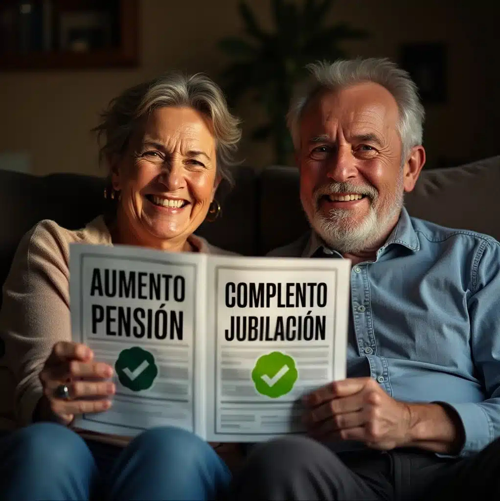 Pareja de jubilados sonriendo tras conseguir un aumento en su pensión al reclamar el complemento brecha de género.