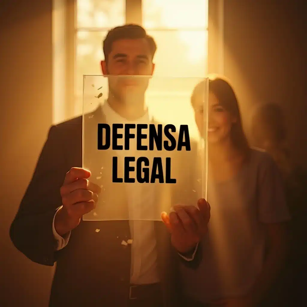 Abogado mostrando un cartel de 'Defensa Legal' junto a una clienta satisfecha, representando el servicio de abogados para reclamaciones.