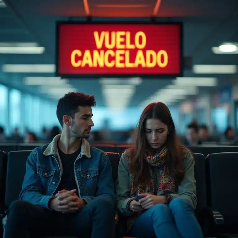 Pasajeros frustrados esperando en el aeropuerto frente a una pantalla de 'Vuelo Cancelado', un motivo claro para reclamar.