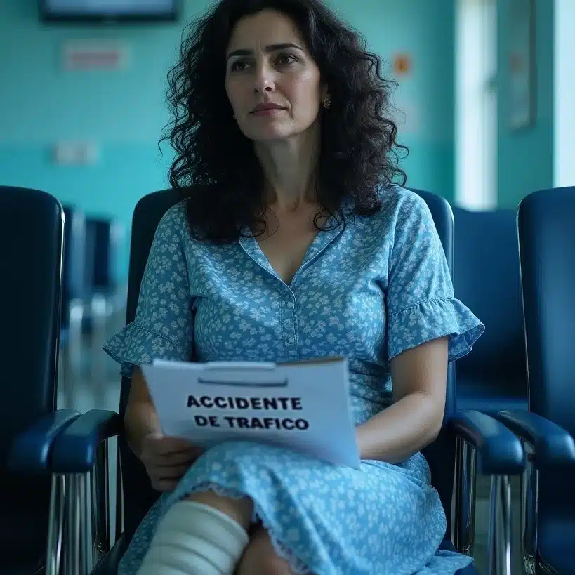 Mujer preocupada en una sala de espera con un informe de 'Accidente de Tráfico', necesitando la ayuda de abogados especialistas.