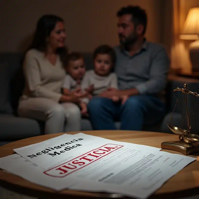 Documento legal para reclamar una negligencia médica con un sello de JUSTICIA y la familia afectada al fondo.